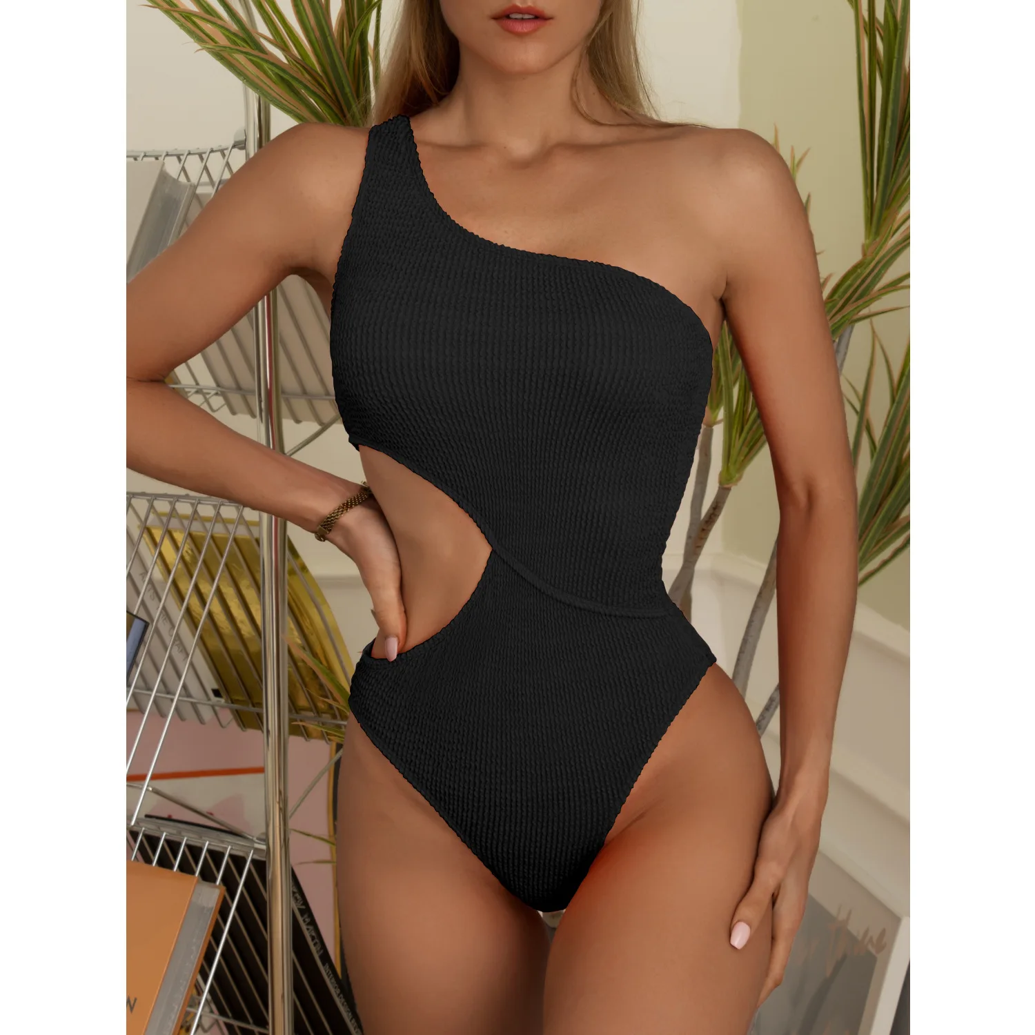 One Shoulder Women's Swimsuit One Piece Cut Out Sexy Swimwear Women 2022 Textured Monokini Solid Bathing Suit Beach Wear