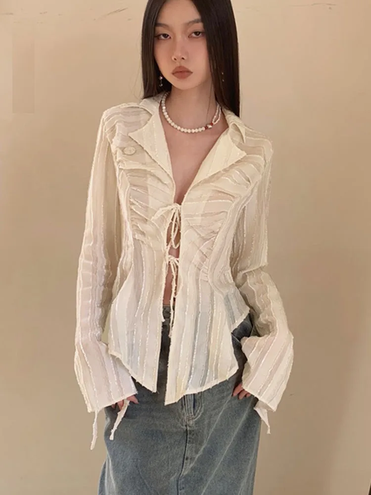 

Fairycore Lace Up Blouse Women Long Sleeve Spring 2023 New Turn-down Collar Women Shirt Ladies Tops Korean Fashion Chic