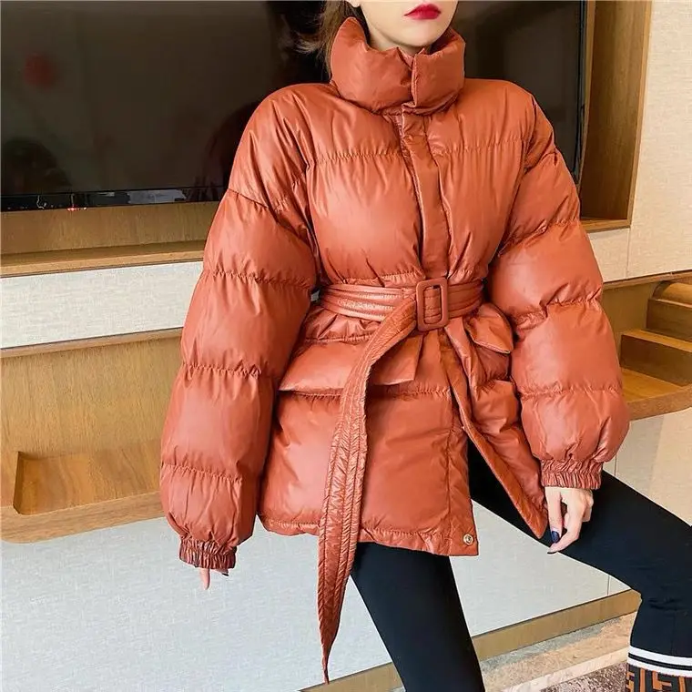 Winter Coat Ladies Parker Coat Shiny Surface Warmth Thick Thick Cotton Casual Loose Women's Jacket Ladies Belted Jacket 2022 New