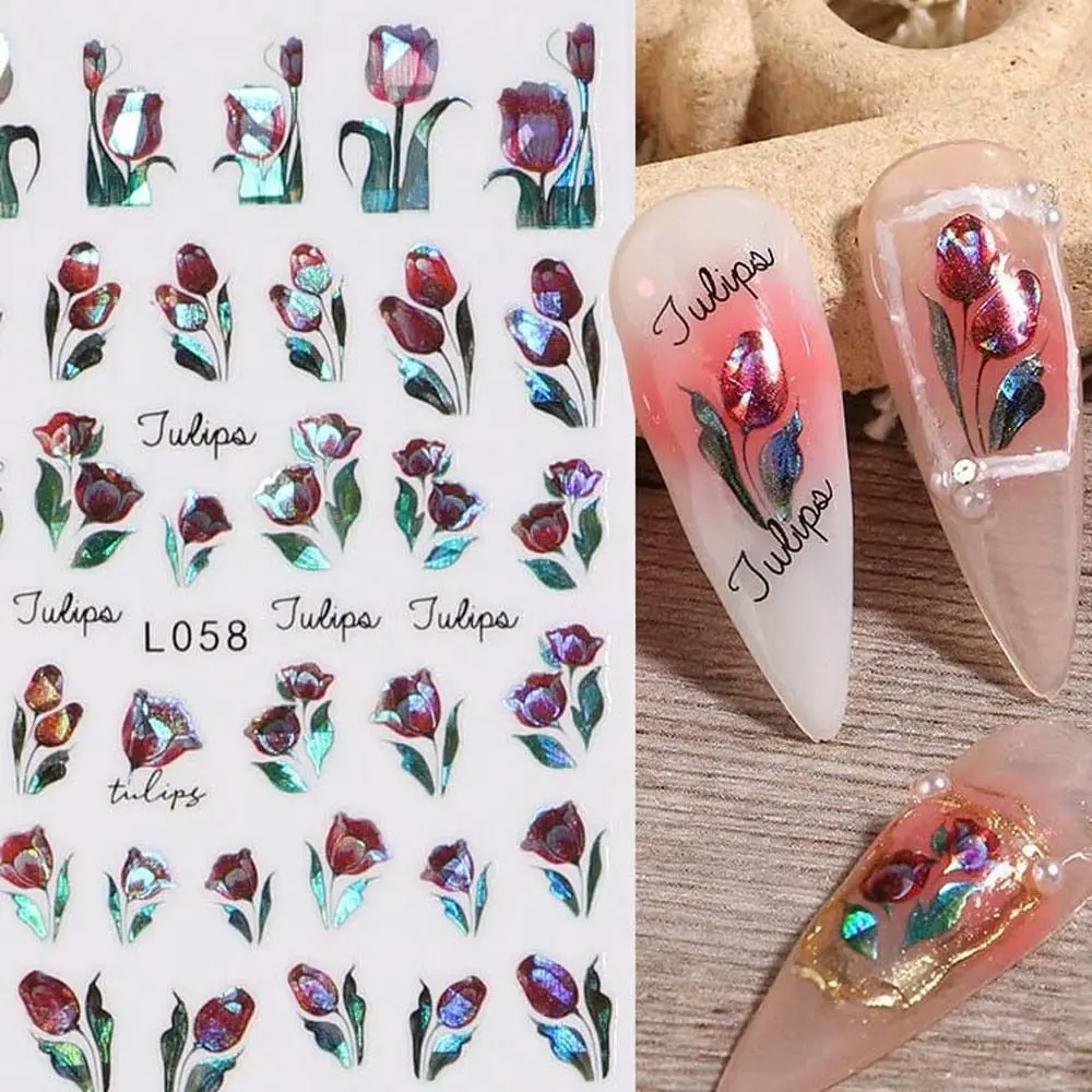 

Laser Flowers Nail Stickers Tulips Nail Decals Manicure Accessories DIY Self Adhesive Rose English Letters Nail Decorations