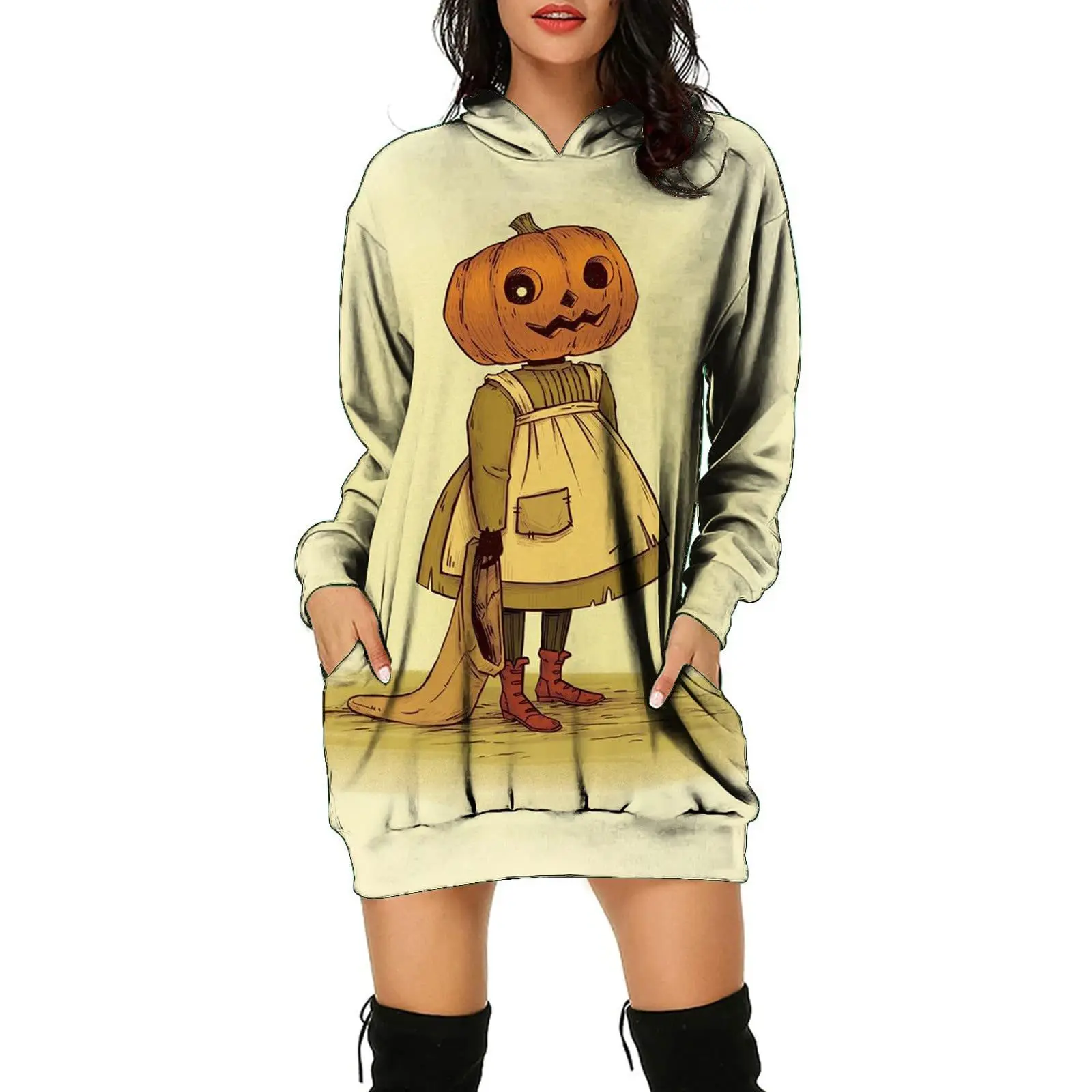 3D Printed Women Hoodie Halloween Demon Pumpkin Spoof Women's Hooded Top Loose Long Sleeves Pullover Party Streetwear Clothes