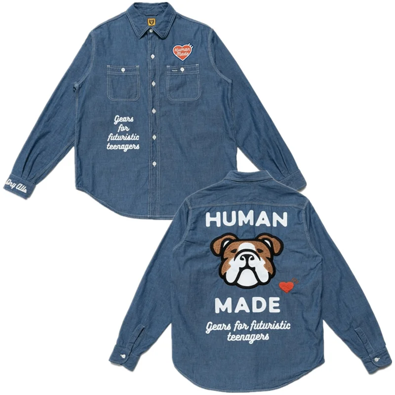 

Luxury Brand high quality Embroidered Dog Head Denim Shirt Men Women Vintage HUMAN MADE Shirts