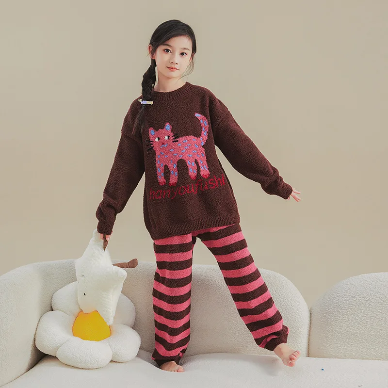 ZOETOP 2024 зимняя детская одежда для сна девочек школьная с мультяшным котом теплые