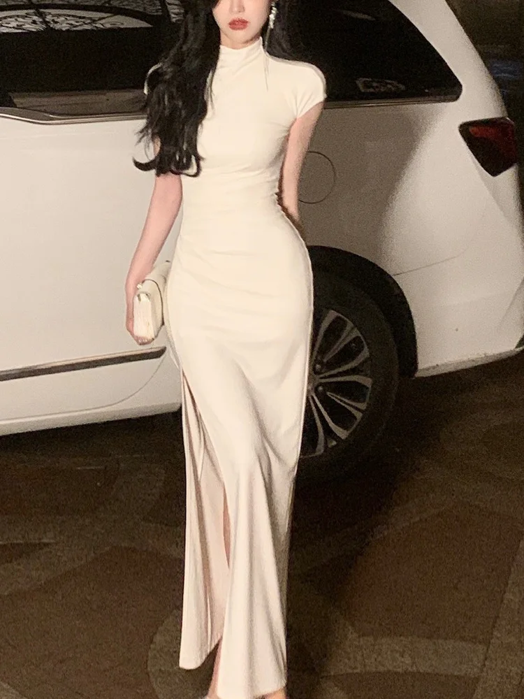 

Женское облегающее платье для офиса Sli idi, однотонное повседневное модное платье с высоким воротником и ровной горловиной, весна 2023