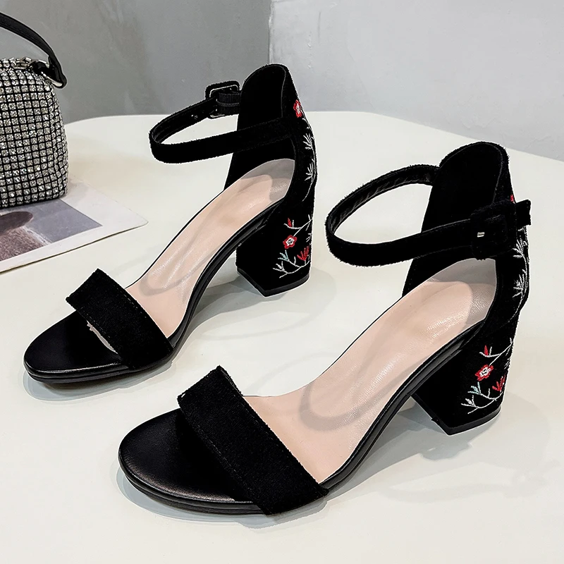 Embroider Sandals Women Summer Shoes Women Classics Square Heel Buckle Strap Sandals Mary Janes High Heels Sandals Ankle Strap