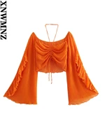 xnwmnz 2022 summer women layered decorative small pleated top holiday style drawstring hanging neck bat sleeve female chic top
