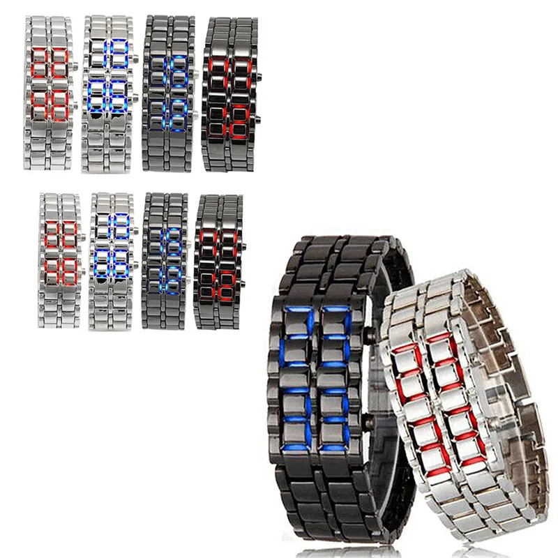 Fashion Black Full Metal Digital Lava Wrist Watch Men Red/Blue LED Display Men's Watches Gifts for Male Boy Sport Creative Clock |