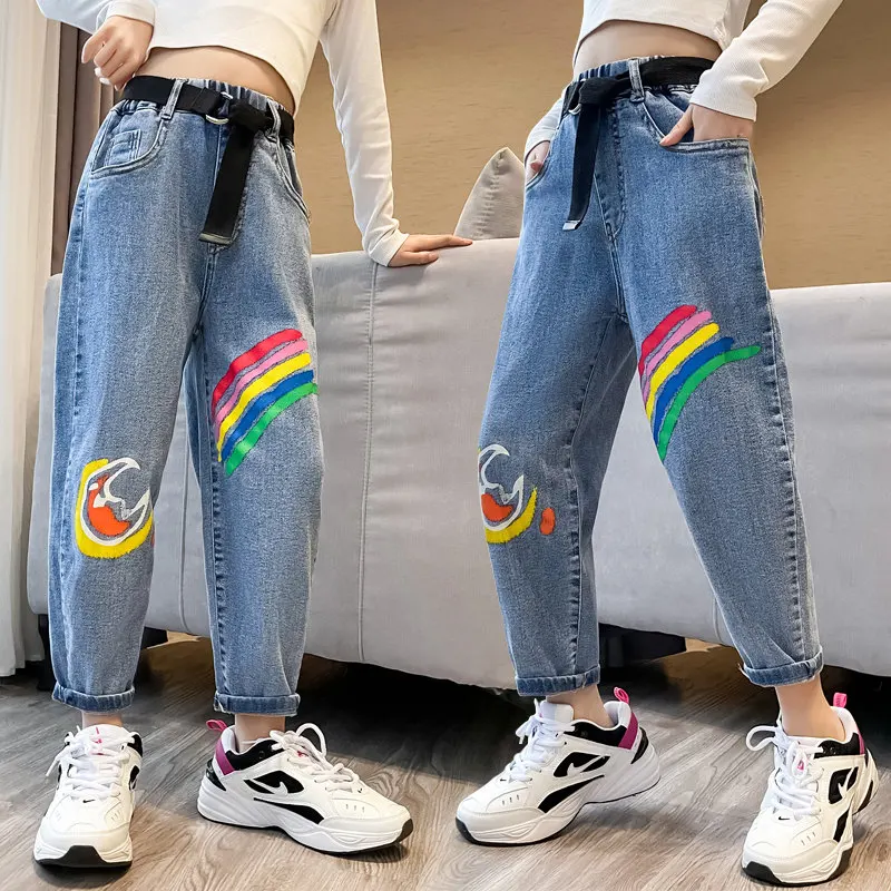 

Kids jean Elastic Waist Denim Pants With Belt Cartoon Jeans for Girls Teenage Children Jeans Kids Trousers Kids Clothes 5-14T