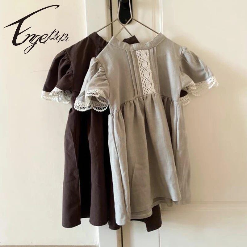 

Летнее Детское платье для маленьких девочек, льняное кружевное платье принцессы с короткими рукавами с бантом, одежда для маленьких девоче...