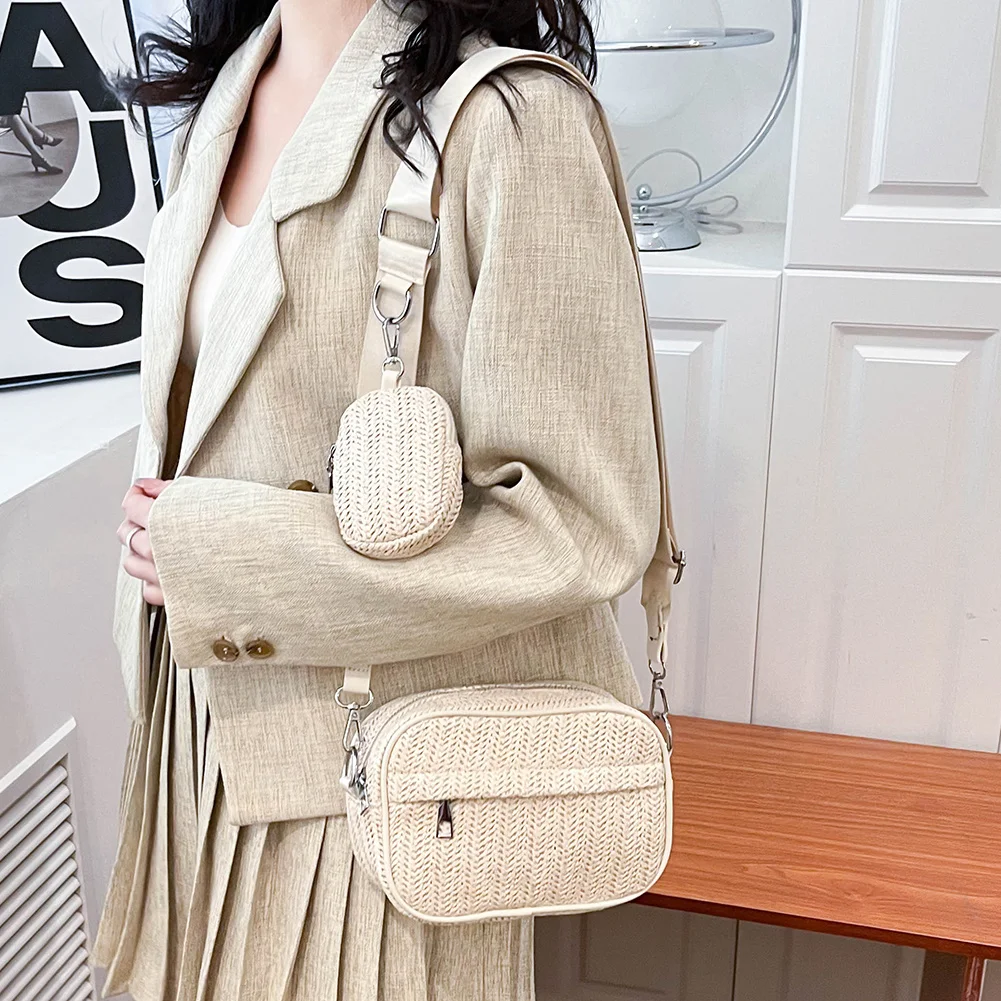 

Women Satchel Bags Solid Color Straw Composite Bag Fashion Girl High-quality Large Bag Casual Zipper for Summer Vacation