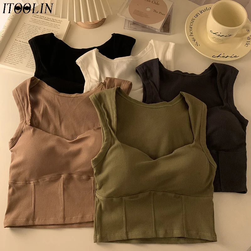 

Осенне-зимние однотонные утепленные майки ITOOLIN, женские сексуальные трикотажные майки в полоску с бюстгальтером и подкладкой, узкий эласти...