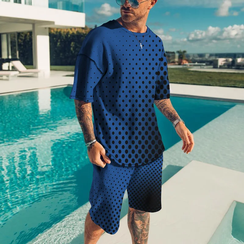 Dot Pattern Printing Summer Men's T Shirt Loose O-neck Short Sleeve Casual Comfortable Shorts 2 Piece Outfit Men Sports Clothing