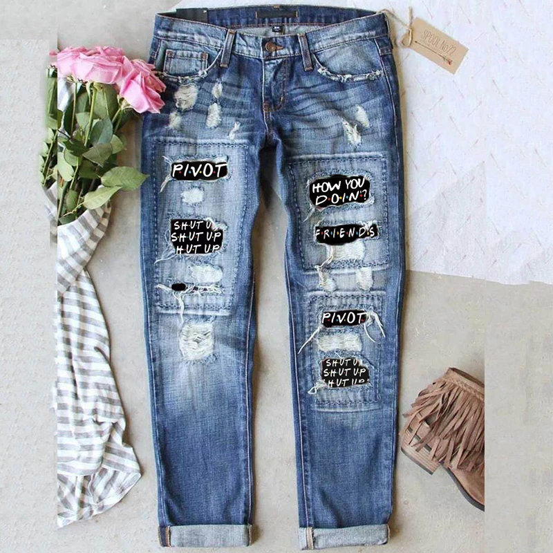 

Friends TV Show Fashion Retro Ripped Print Jeans