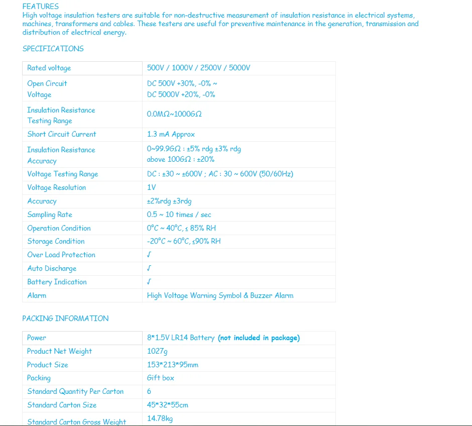 AR3126 Высокоточный цифровой мегагерный тестер сопротивления изоляции заземления