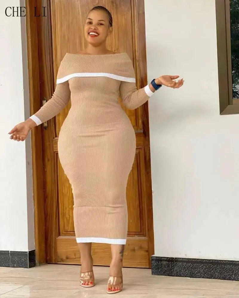 

Casual Knitted Long Sleeved Plus Size Dressess for Women XL-5XL Autumn Winter Sexy Off-the-shoulder Stitching Elegant Dress