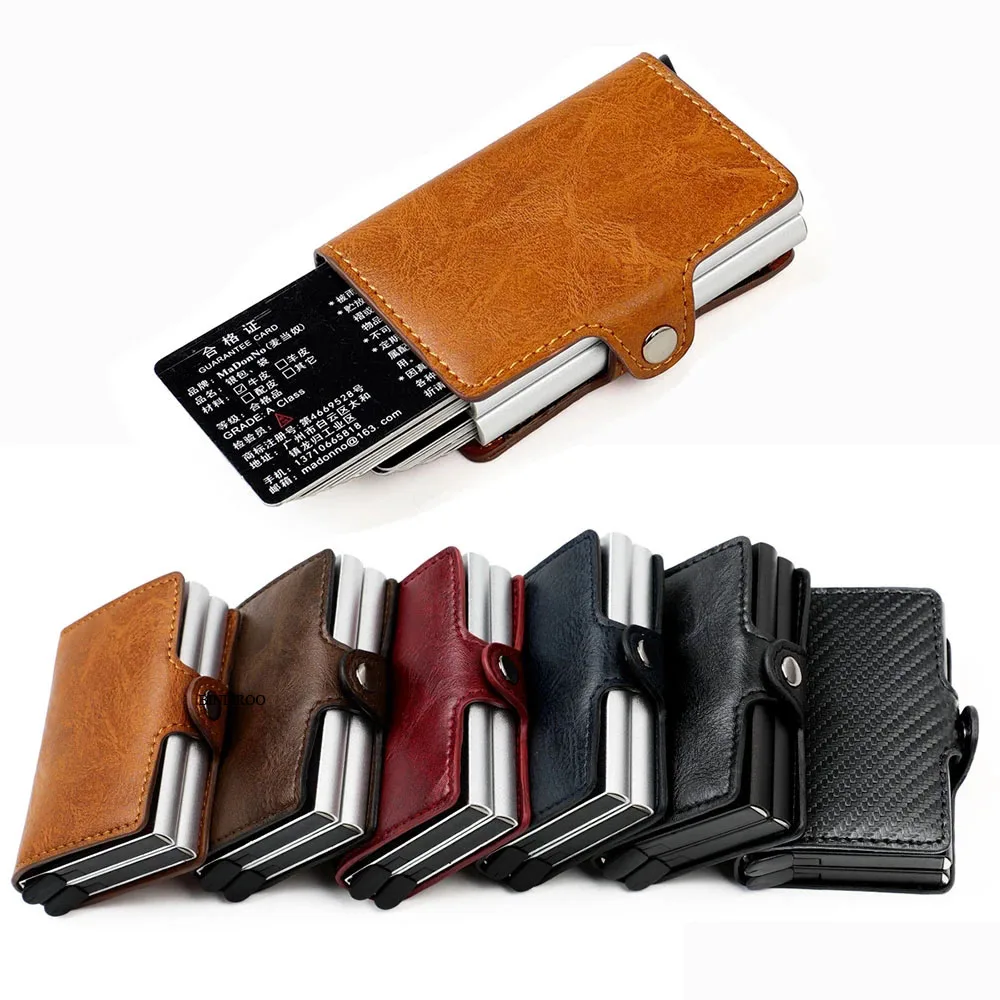 New RFID Blocking Men's Credit Card Holder Vintage Leather Bank Card Wallet Double Metal Automatic Card Holder for Women