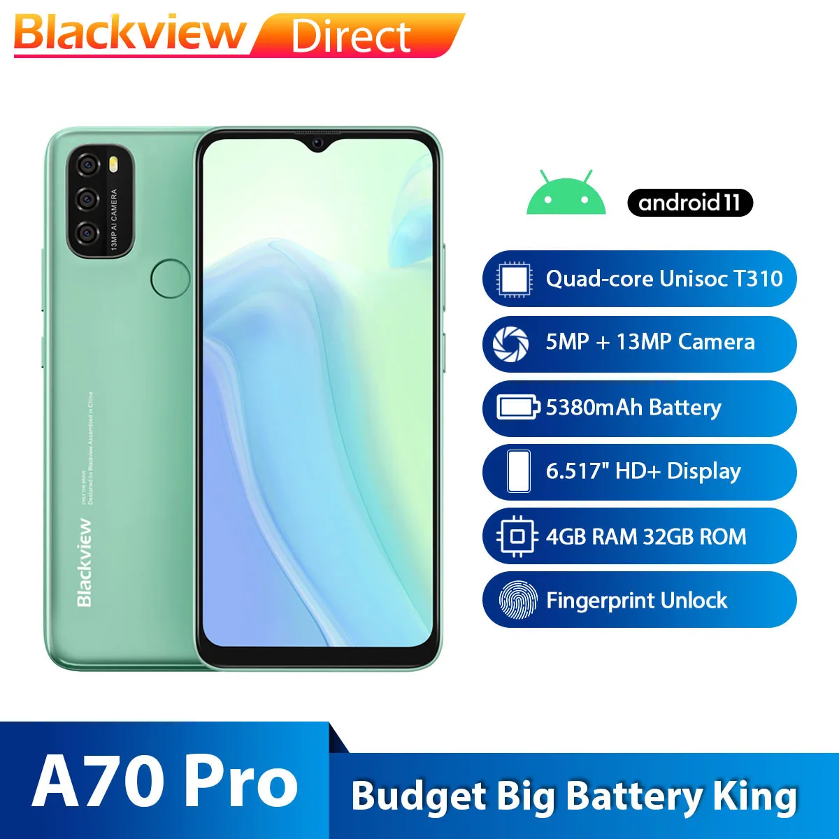 BLACKVIEW A70 Pro Android 11 Smartphone 6.517 Inch Display Quad Core 4GB RAM+32GB ROM 5380mAh 13MP + 5MP Camera 4G Mobile Phone