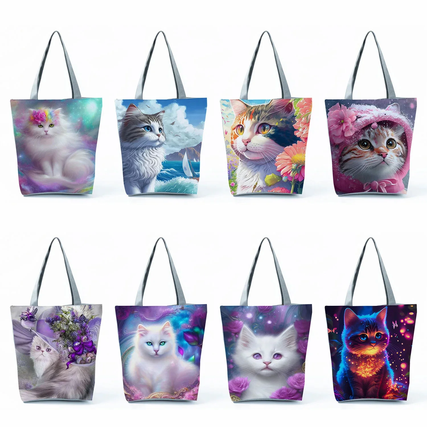 

Cute Cartoon Cat Print Handbags High Capacity Women Beach Tote Bags Animal Graphic Eco Reusable Shopping Bags Portable Foldable