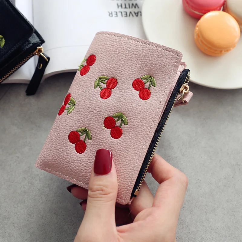 Women's Vertical Buckle Cherry Embroidered Short Trend Small Wallet 2023 New Student Simple Fashion Wallet Women's Purse