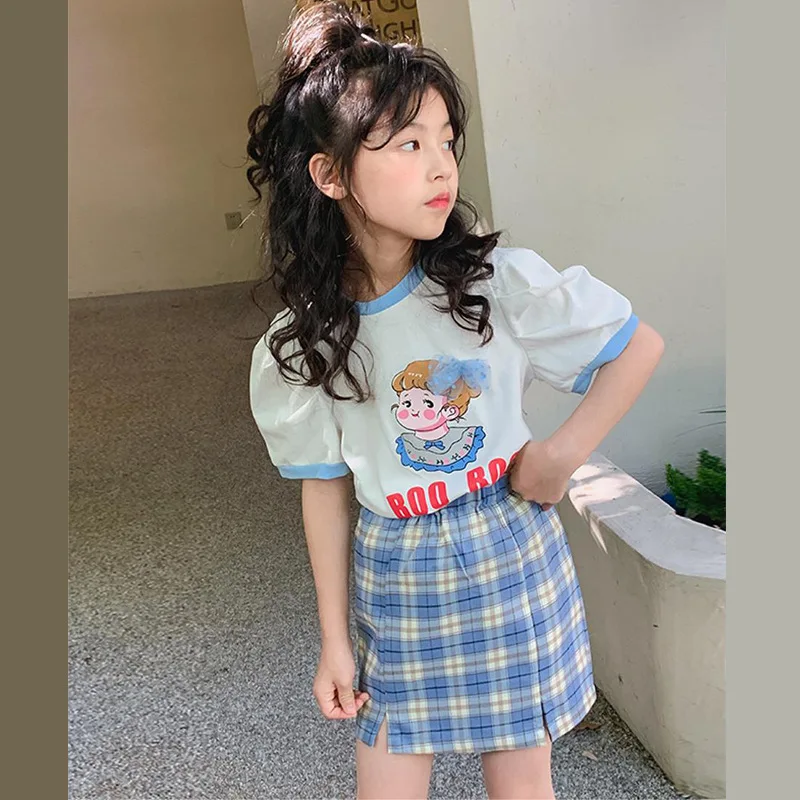 

Summer Girls Cartoon T-shirts + Cute Plaid Skirt Suits Children Wear Strawberry Sequins Tops Jeans Shorts 2pc Kids Clothes Sets