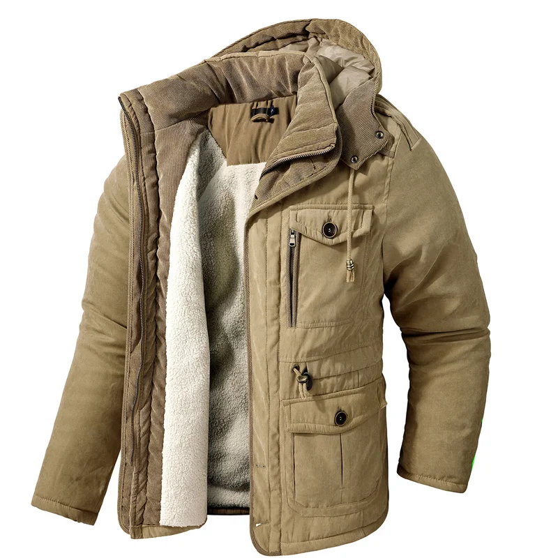 Mens Thicken Parkas Hooded Windproof Mid-Length Coats Winter Warm Casual Lamb Fleece Parka Jacket Men Solid Multipocket Overcoat