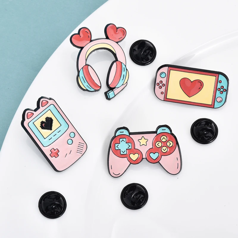 

Wuli&baby Cute Play Station Collar Pins For Women Girls 4-design Pink Enamel PSP Headset Clothes Bag Brooch Pins Gifts