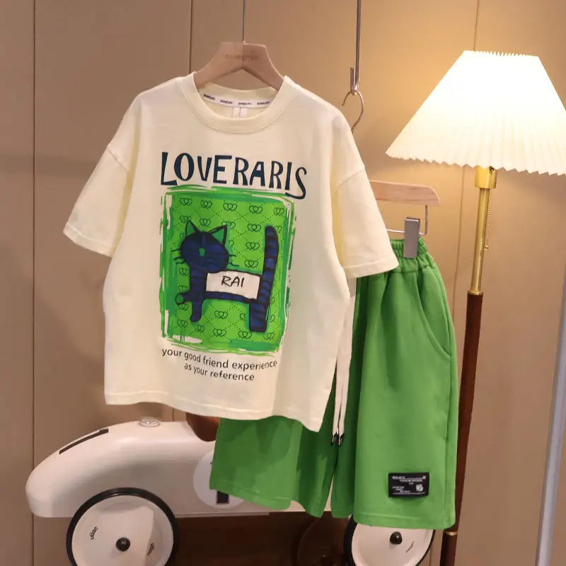 

Summer Cotton Clothes Set for Children's Boy Cartoon Cat Tshirt Top and Loose Shorts Suit Teenage Hip Hop Outfits Tracksuits