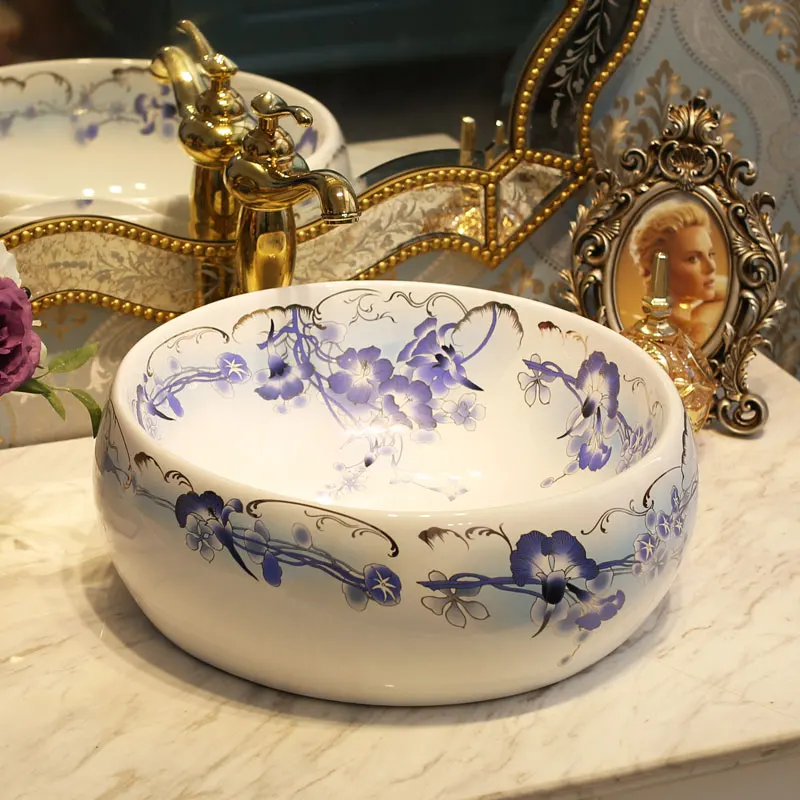

Handmade Blue And White China Artistic Art wash basin Ceramic Counter Top vanity wash basins ceramic Wash Basin Bathroom Sink