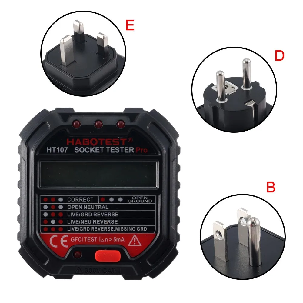 

1pc Habotest HT107B D E Pro Socket Tester Digital Display Voltage Detector US EU UK Plug Fire Ground Zero Line Polarity Phase
