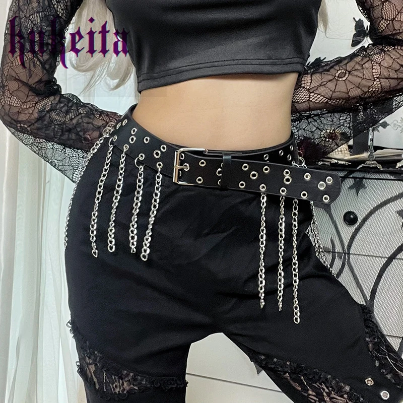Gothic Punk Rock Metal Tassel Chain Pu Black Belt Y2K Aesthetic Harajuku Women Belt Streetwear
