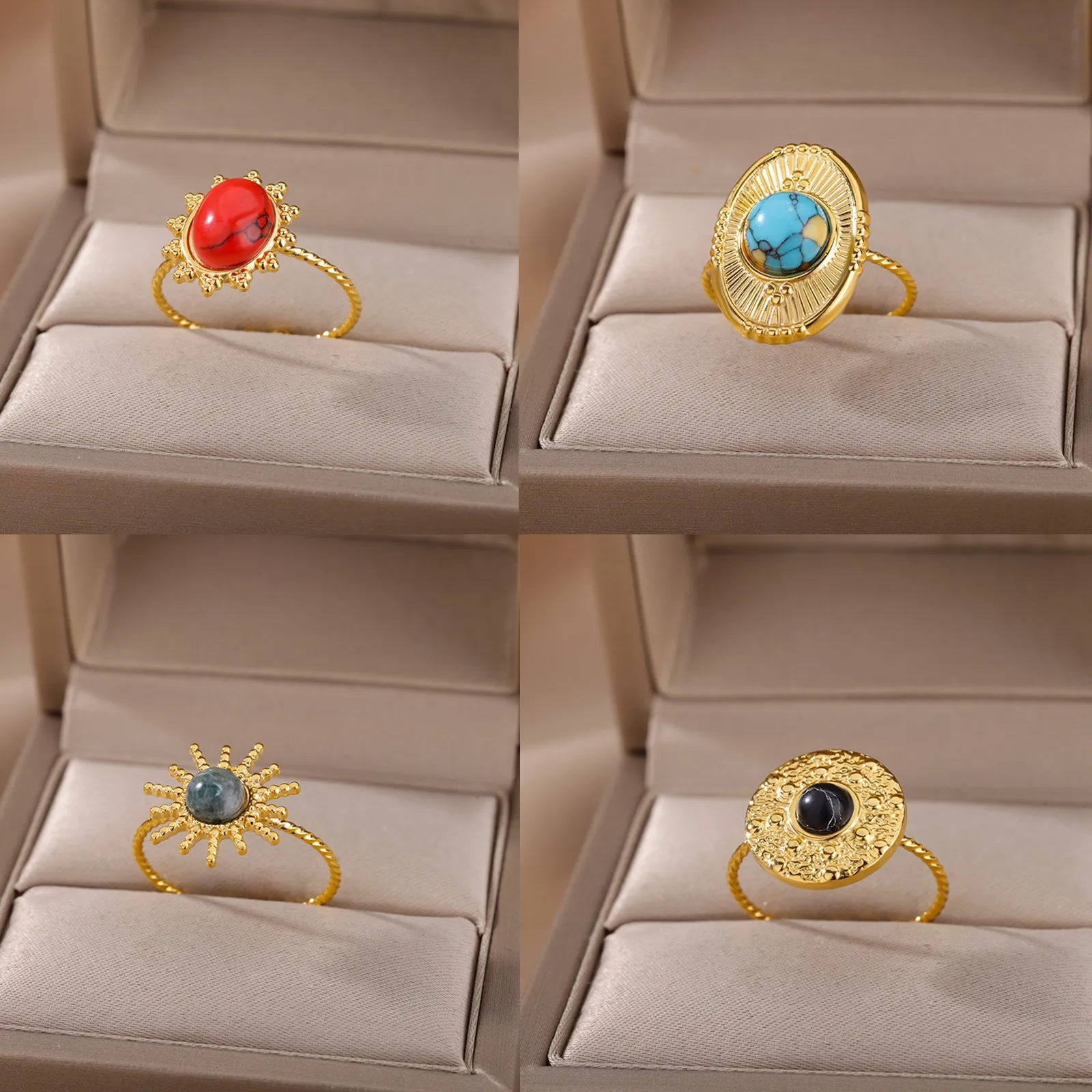 

European and American vintage new stainless steel ring black turquoise adjustable small sun light luxury ring wholesale