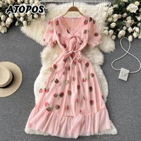 atopos strawberry sequins embroidery women summer dress v neck short sleeve beach dresses sweet sundress vestidos female clothes