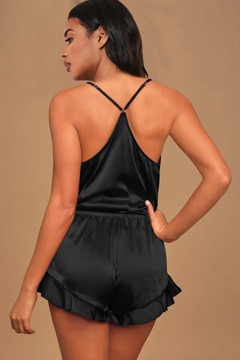 Women's Silk Imitated Pajamas Set Solid V-Neck Suspenders 2Pcs Lingerie Sleeveless Tops& Shorts Home Clothes Suit Plus Size