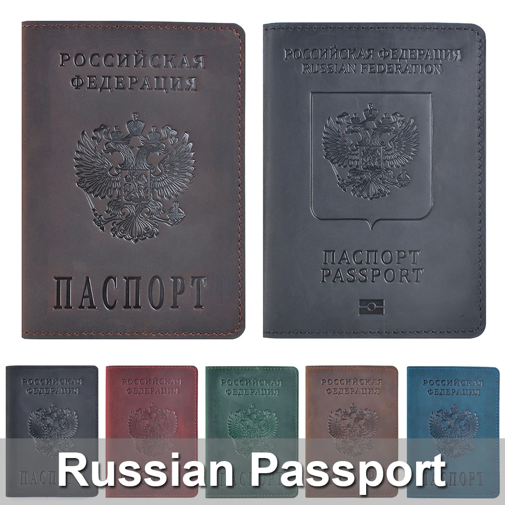 Genuine Leather Passport Cover Designed For Russian Federation Crazy Horse Leather Card Holder Business Bilingual Passport Case
