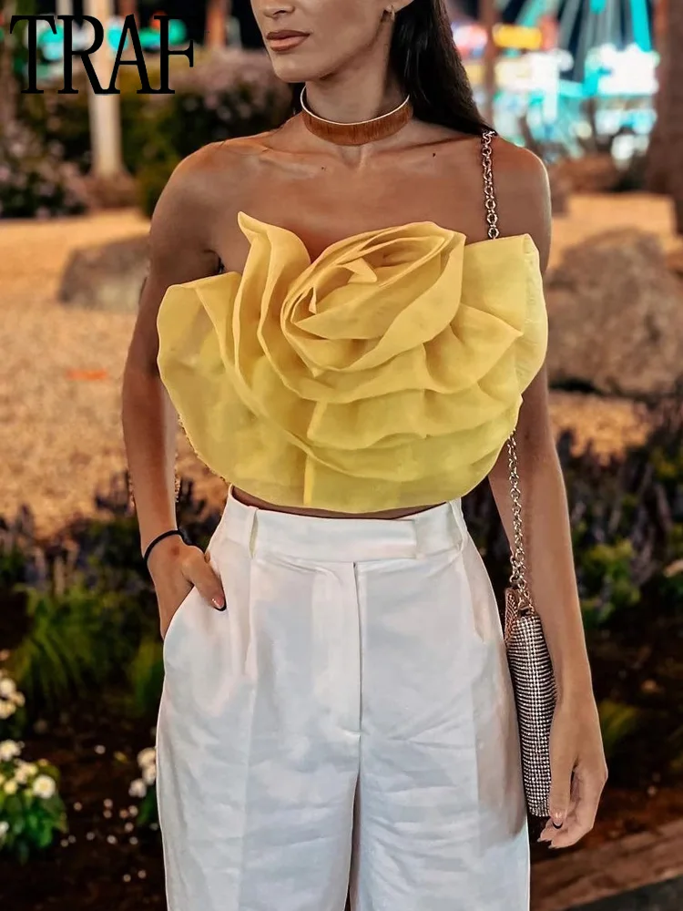 

TRAF Yellow Floral Crop Top Women Organza Corset Top Female Sexy Backless Tops Women 2022 Beach Summer Women Tops and Blouses