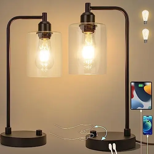 

Прикроватная настольная лампа в комплекте, набор из 2 ламп с 3-сторонней регулировкой яркости для спальни, современная настольная лампа с USB-ночником и стеклянным абажуром, настольные лампы для чтения