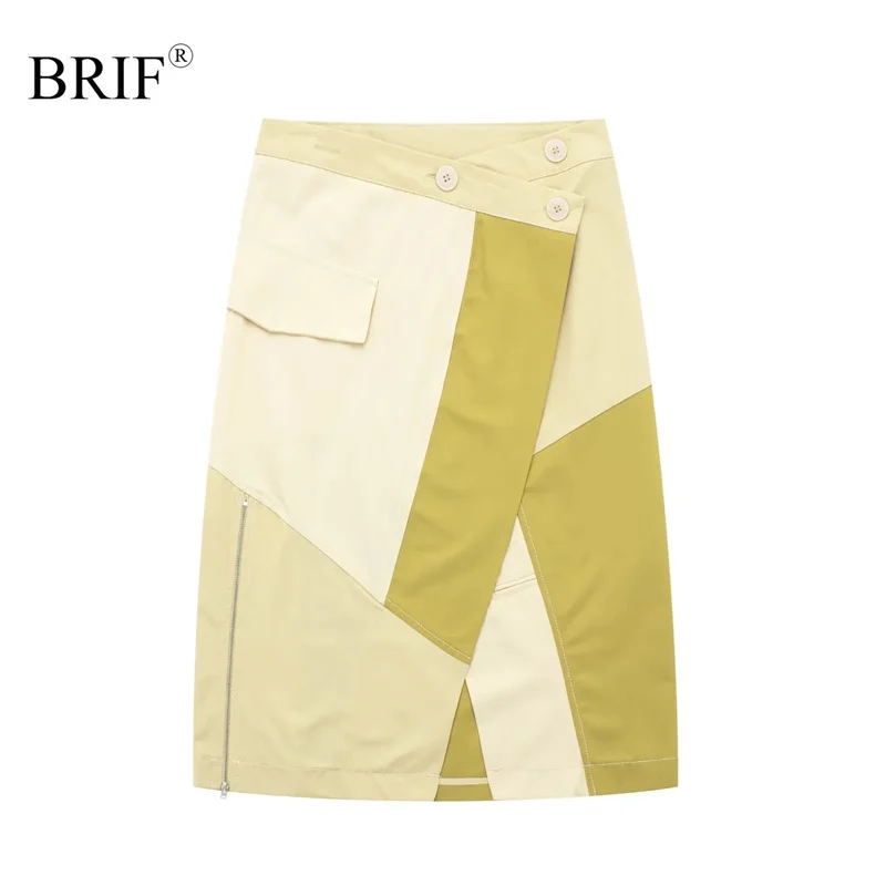 

BRIF Women Fashion Vanilla Patchwork Gabardine Midi Skirt 2023 Summer Mid-waist V-shaped Side Flap Crossover Buttoned Straight