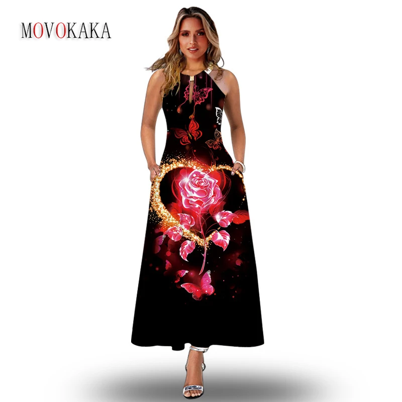 

MOVOKAKA Summer Rose Printing Woman Long Elegant Dress Party Sexy Straps Casual Beach Sleeveless Vestidos Vintage Black Dresses