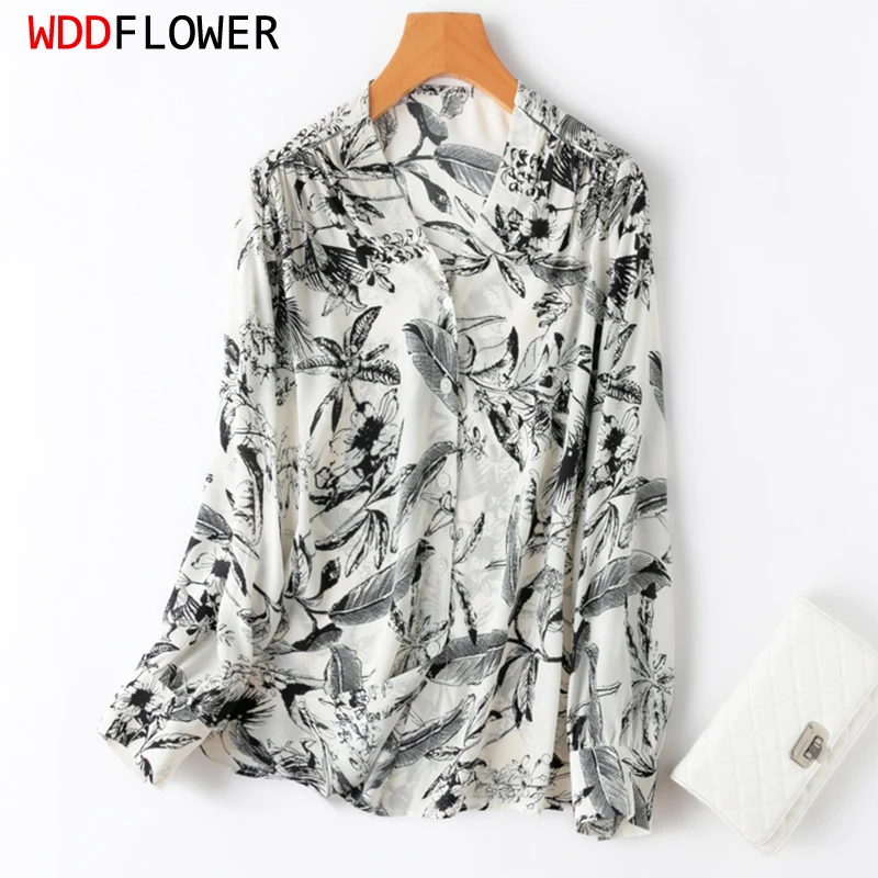

Women Silk Shirt 100% Mulberry Crepe Silk White Leaf Printed Buttons Down V Neck Long Sleeve Top Blouse M L XL MM980
