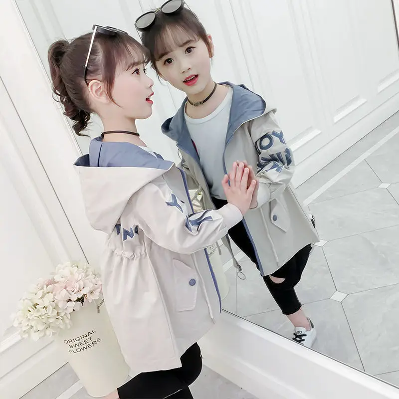

Girls Hooded Windbreaker Medium Long Spring Autumn All-match Drawstring Jackets Medium Big Child Sports Tight Waist Coats 12 14