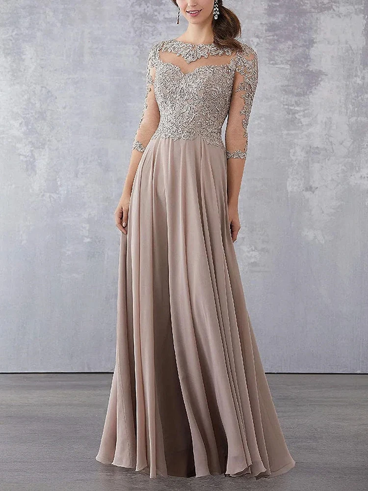 

Champagne Silver Lace Appliqued Mother of the Bride Dress Illusion Scoop A-line Chiffon Formal Party Wedding Summer 2023