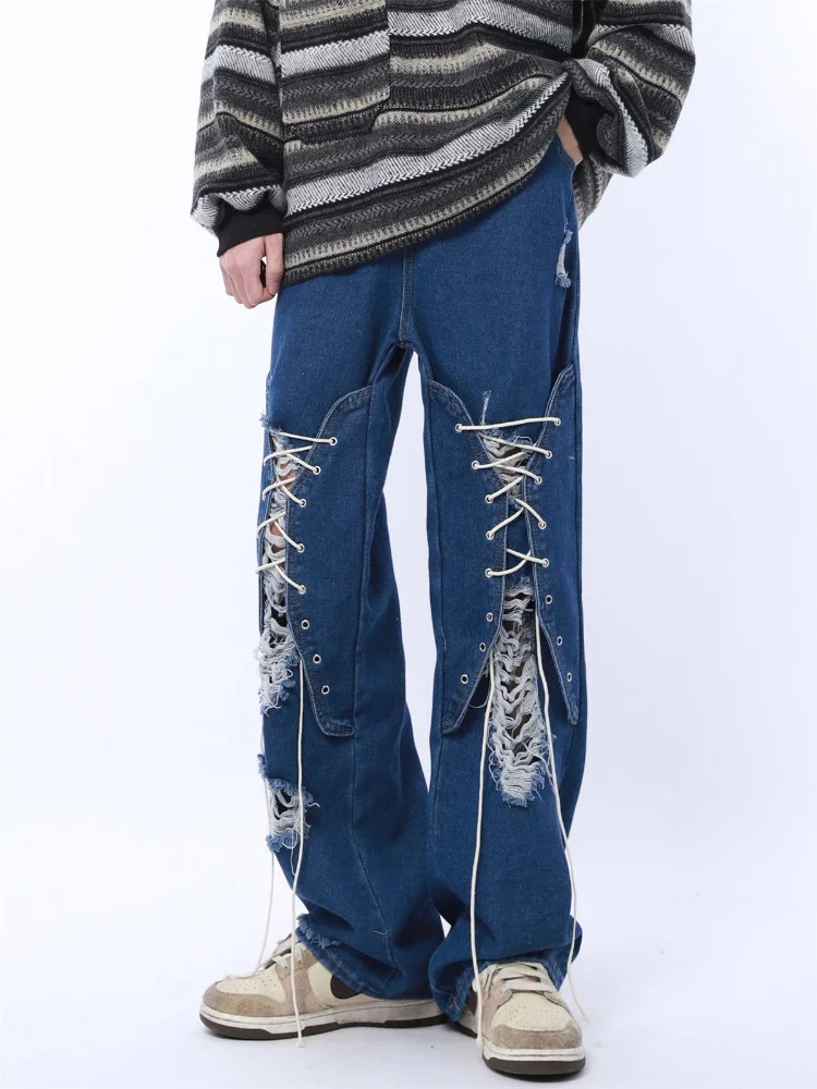 DEEPTOWN Y2K Loose Ripped Jeans Men Designer Straight Denim Pants Male Blue Washed Hole Trousers Streetwear Hip Hop Fashion