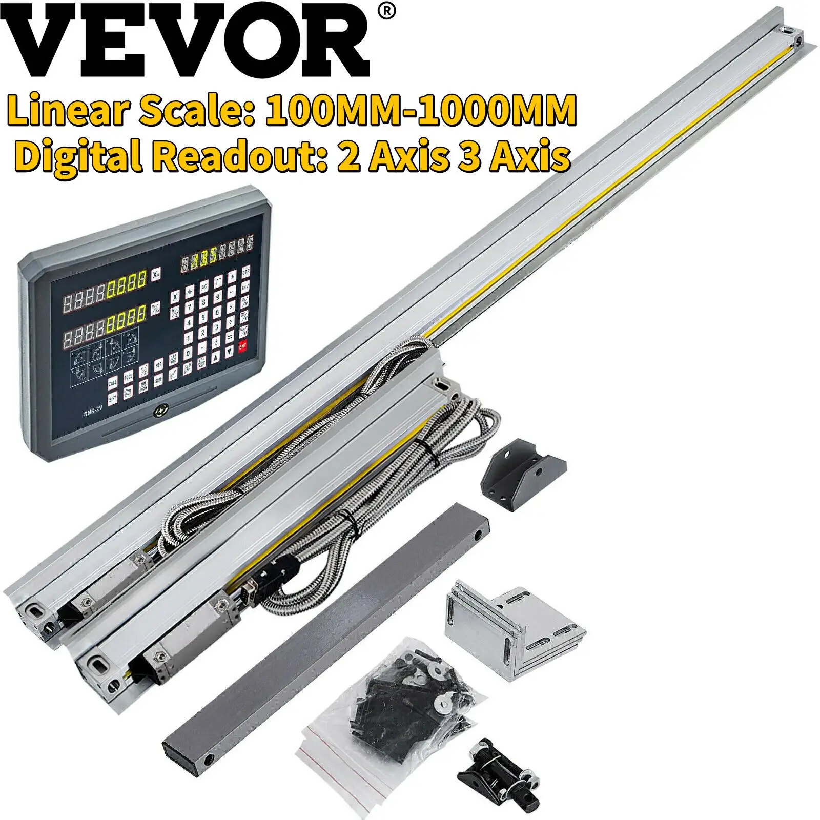 VEVOR Энкодер с линейной шкалой 50 мм-1000 мм, 2 оси, 3 оси, цифровой считыватель для фрезерования, сверления, шлифования, токарного станка, металлообработка