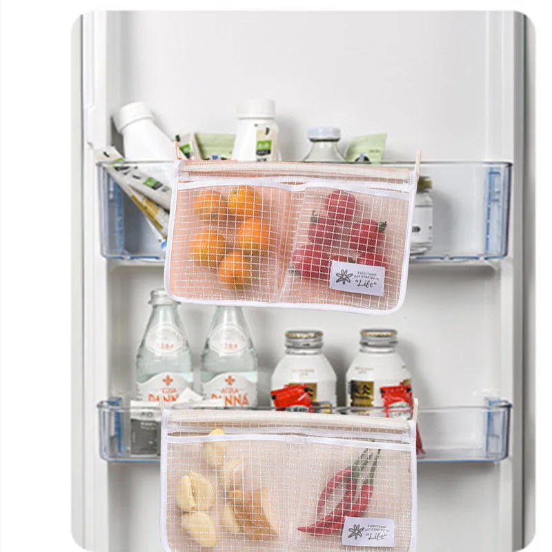 

Refrigerator Storage Mesh Bag Two Grids Hanging Household Kitchen Tidy Seasoning Organizer With Hook Fridge Organizer Pocket