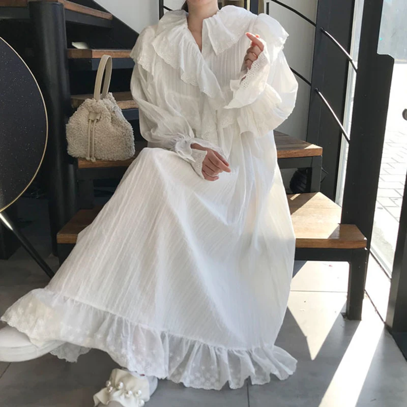 

Elegant Loose Casual White Dress Women Lace Ruffles Collar Pleated Flared Sleeve Dress Korean Chic Design Boho Long Maxi Dresses