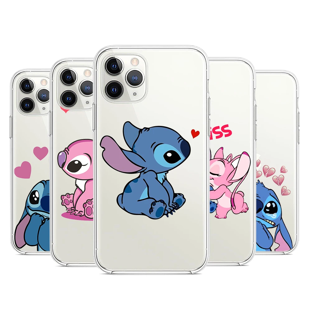 

Stitch Kiss Love Cute For Apple iPhone 7 8 X XR XS 11 12 13 Pro Max Mini Plus luxury Transparent Non-slip Phone Case