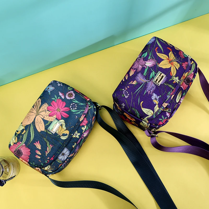 Rural Style Cloth Crossbody Ladies Casual Small Shoulder Bag Flower Nylon Waterproof Handbag Daily or Women Shopping Travel Bag