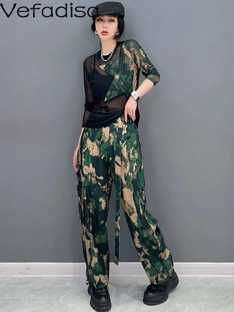 

Vefadisa 2023 Summer New Korean Fashion Stretch Mesh Top Camo Pants 2PK Set Personalized Trendy Girl Matching Suits ZY463