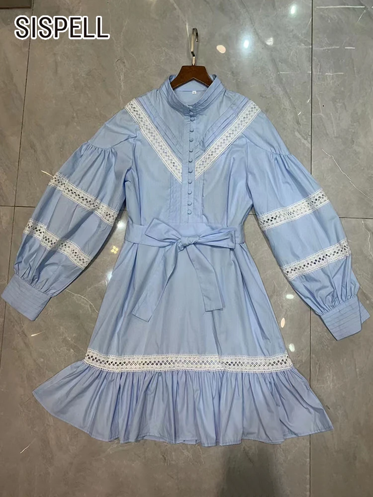 

SISPELL Minimalist Solid Pullover Dresses For Women Stand Collar Long Sleeve Patchwork Bowknot Dress Female Summer Clothing 2023