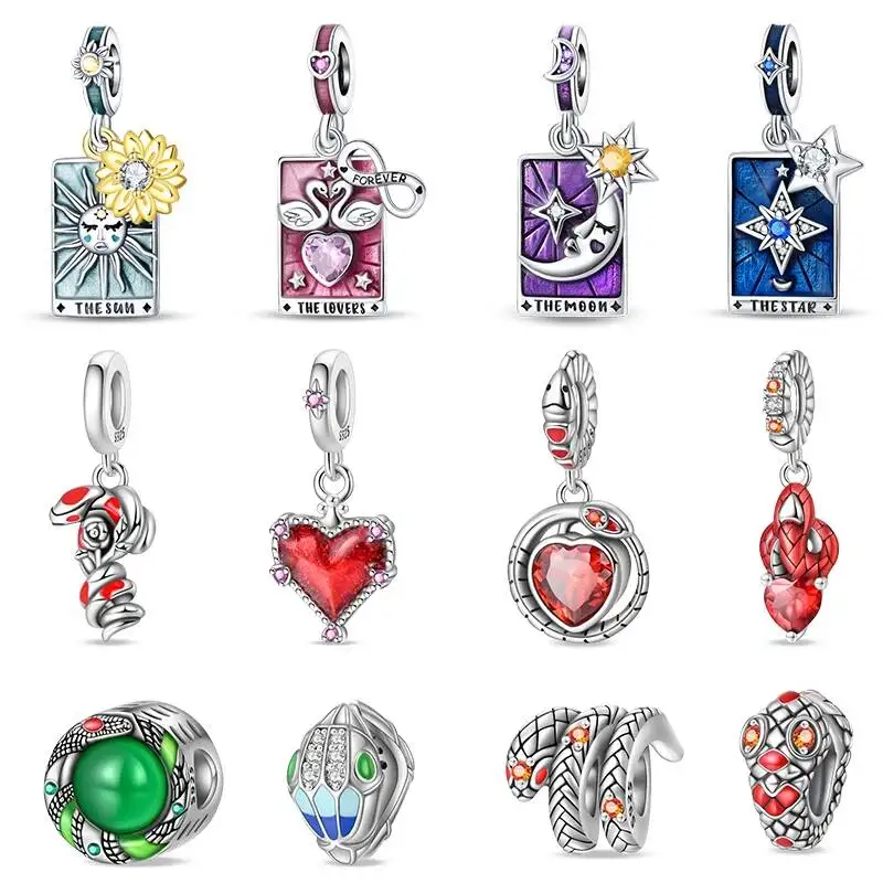 Фото Hapilife 100% серебряные подвески из стерлингового серебра 925 пробы: изысканные карты Таро, кроваво-красная огненная змея, розы, бусины для DIY украшений №1